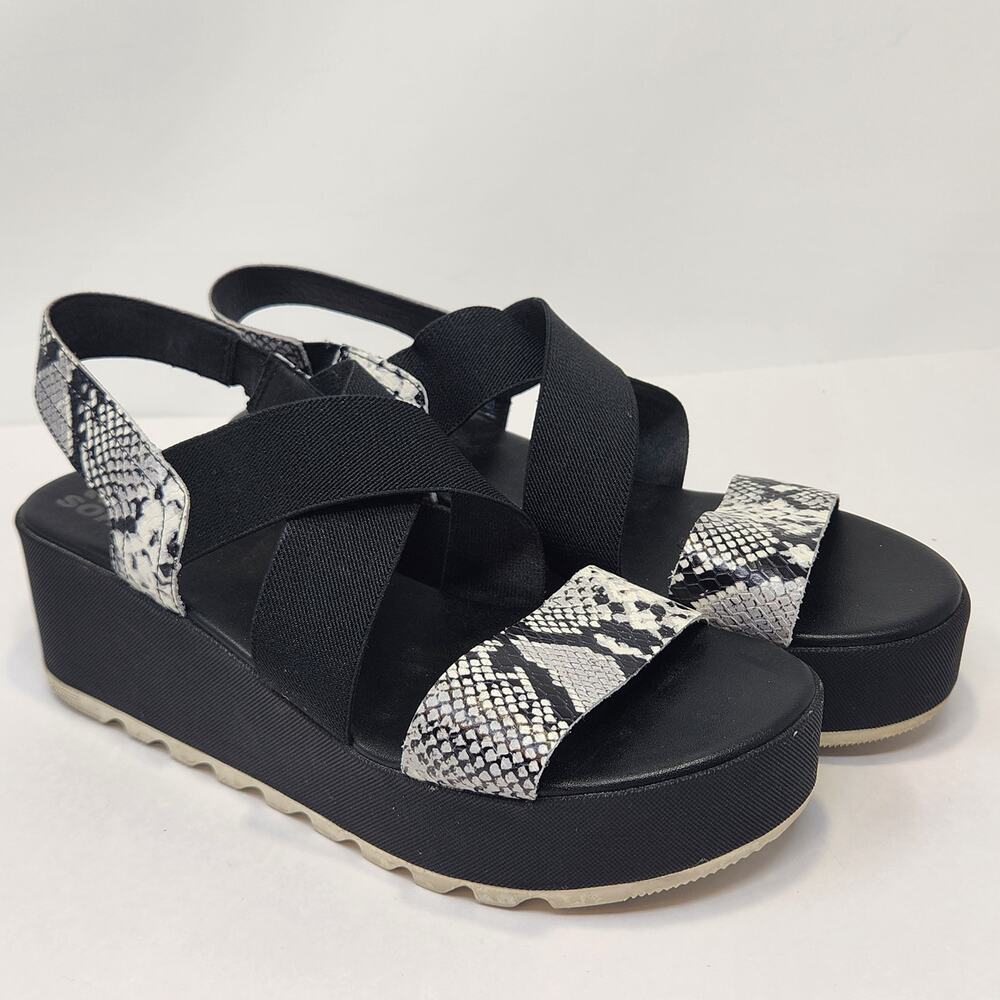 Sorel Cameron Flatform Slingback Sandal Women Size 9 White Black Leather Snake